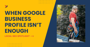 Vancouver BC roofing contractor reviewing website and Google Business Profile audit on laptop showing duplicate content issues and missing schema markup causing local search invisibility